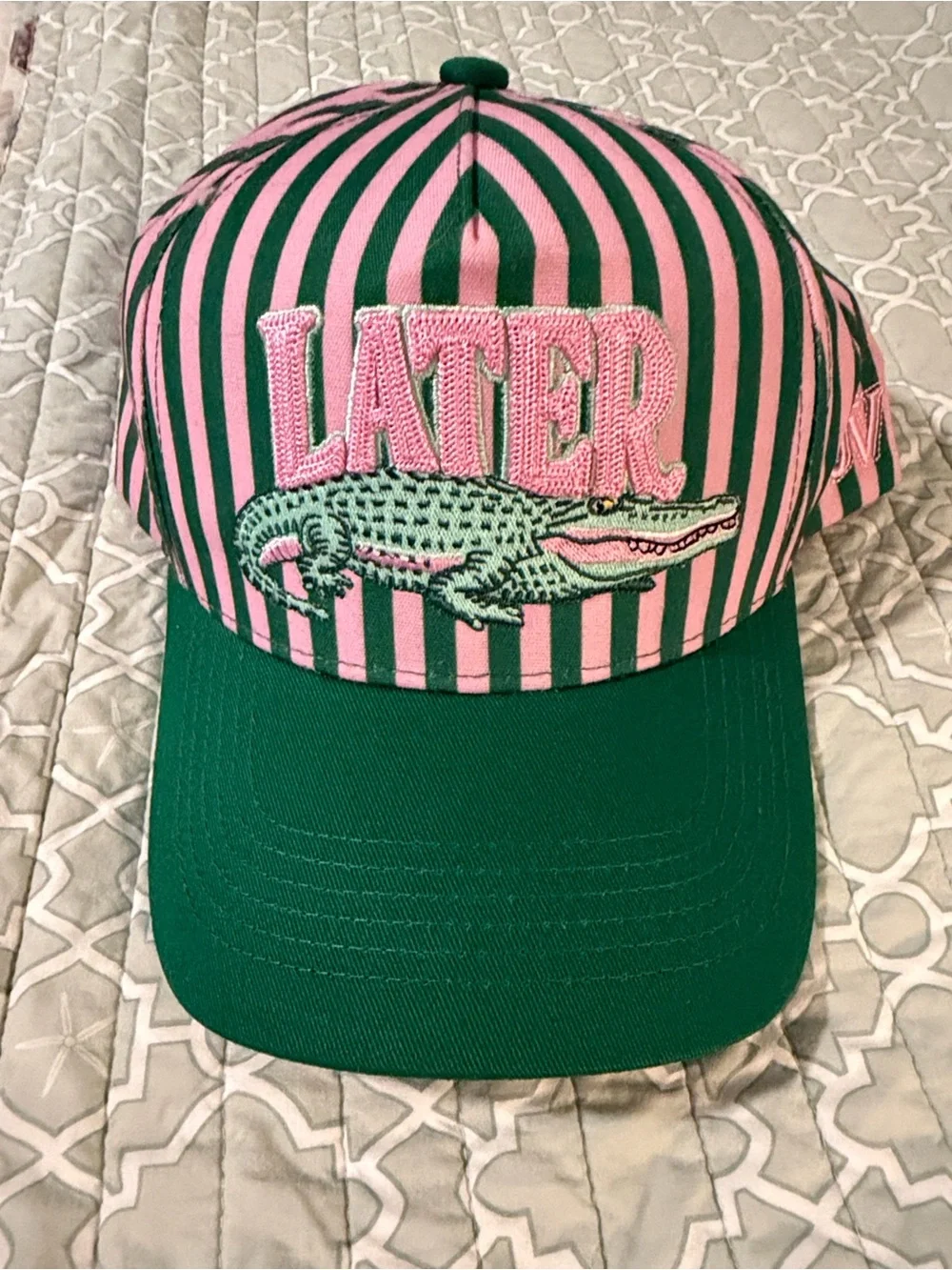 Pink & Green Striped 'LATER' Cap with Crocodile Embroidery